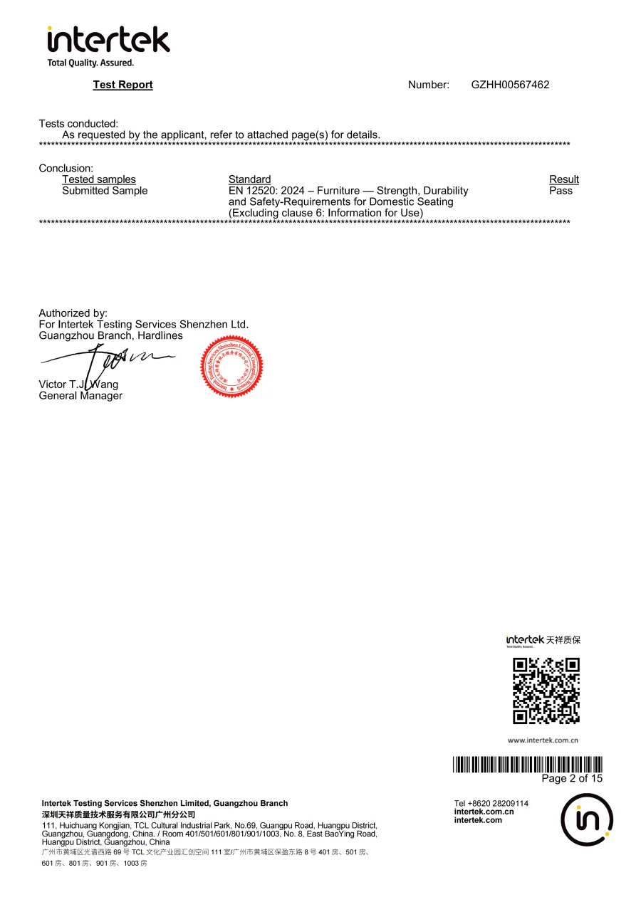 Intertek furniture test report
